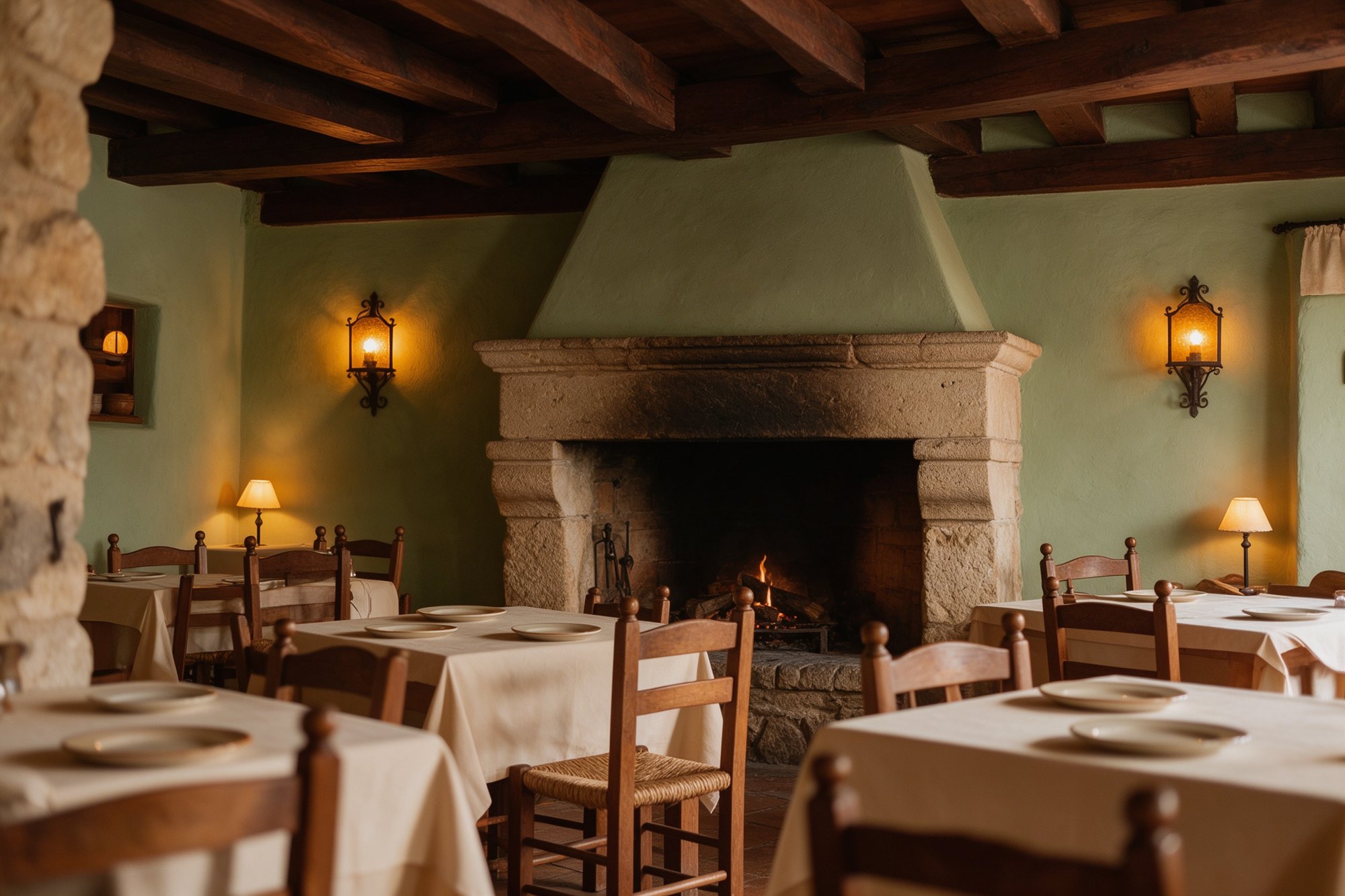 Comedor rústico del Caserón con chimenea de piedra y mesas vestidas