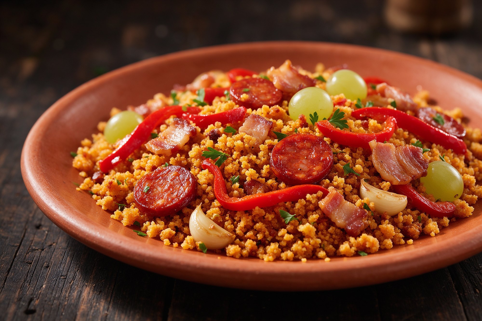 Migas caseras con chorizo en plato de barro