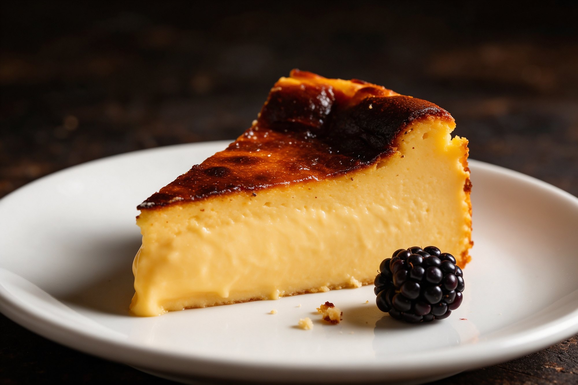 Tarta de queso cremosa con corte tostado y mora