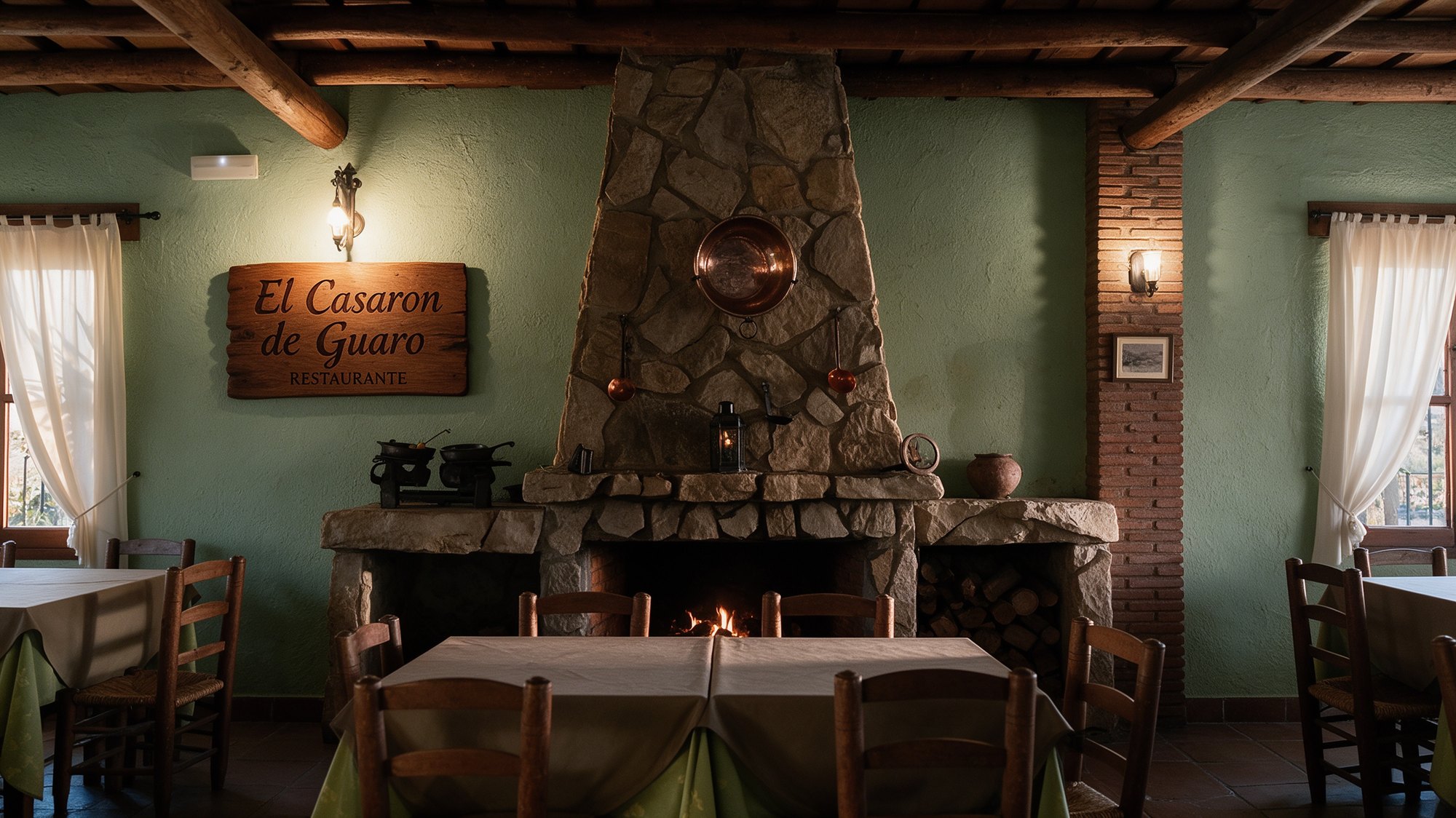 Interior rústico del Caserón de Guaro con chimenea de piedra y placa de madera